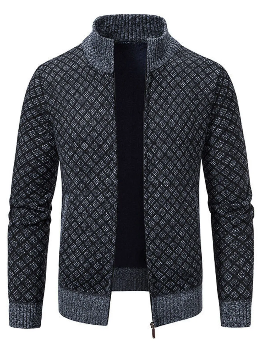 Men's Plus Size Diamond Pattern Zip-Up Knit Cardigan, image 2