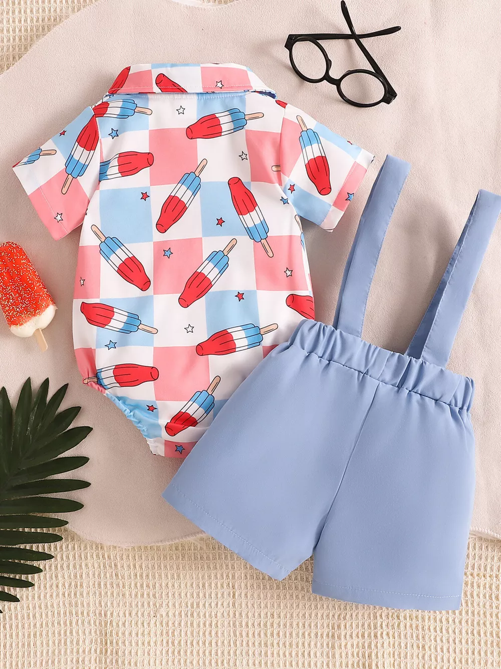 Children's USA Print Bow Decor Bodysuit and Suspender Shorts Set, image 10