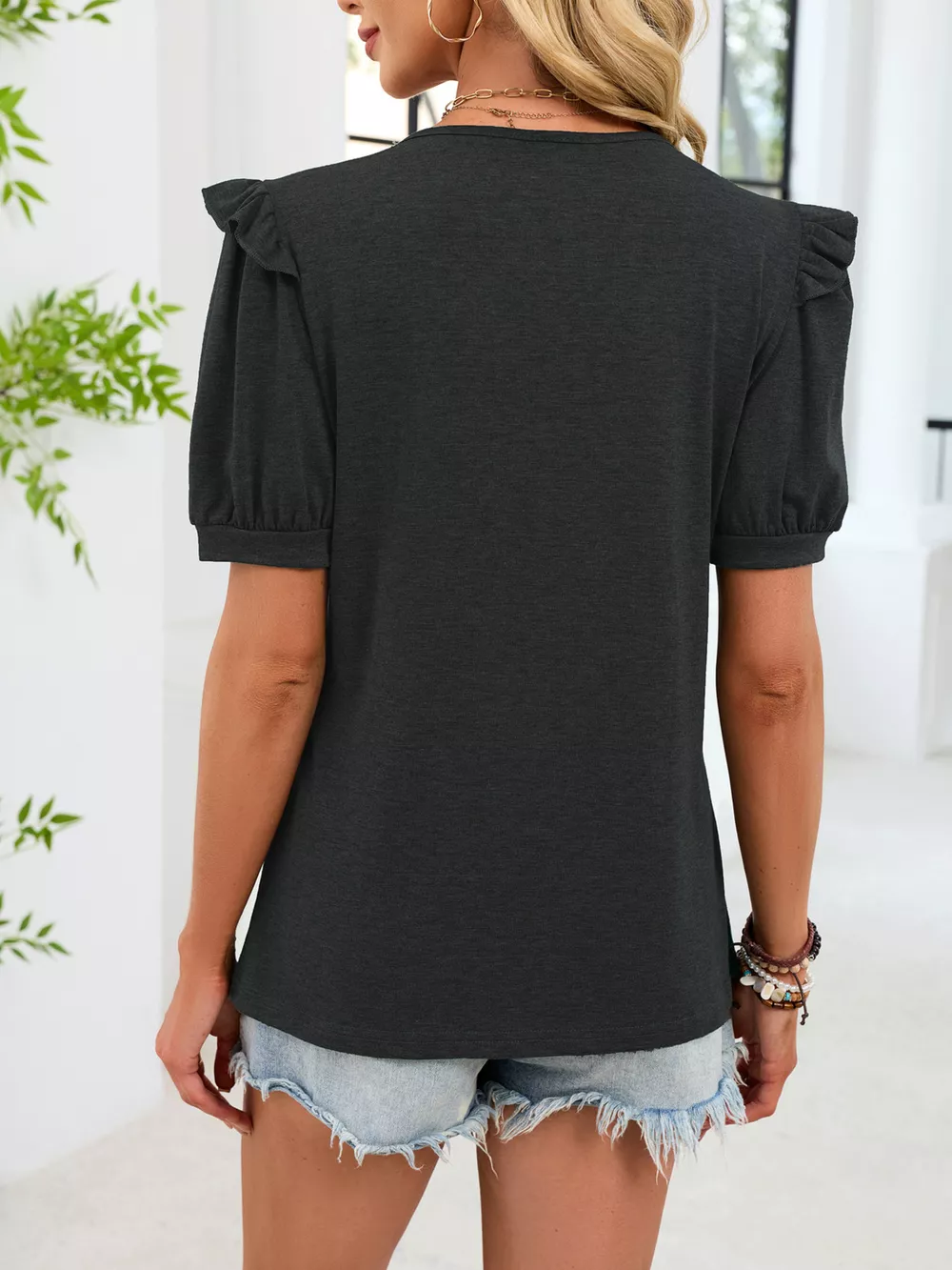 Ruffled Solid Color Short Sleeve T-Shirt, image 10
