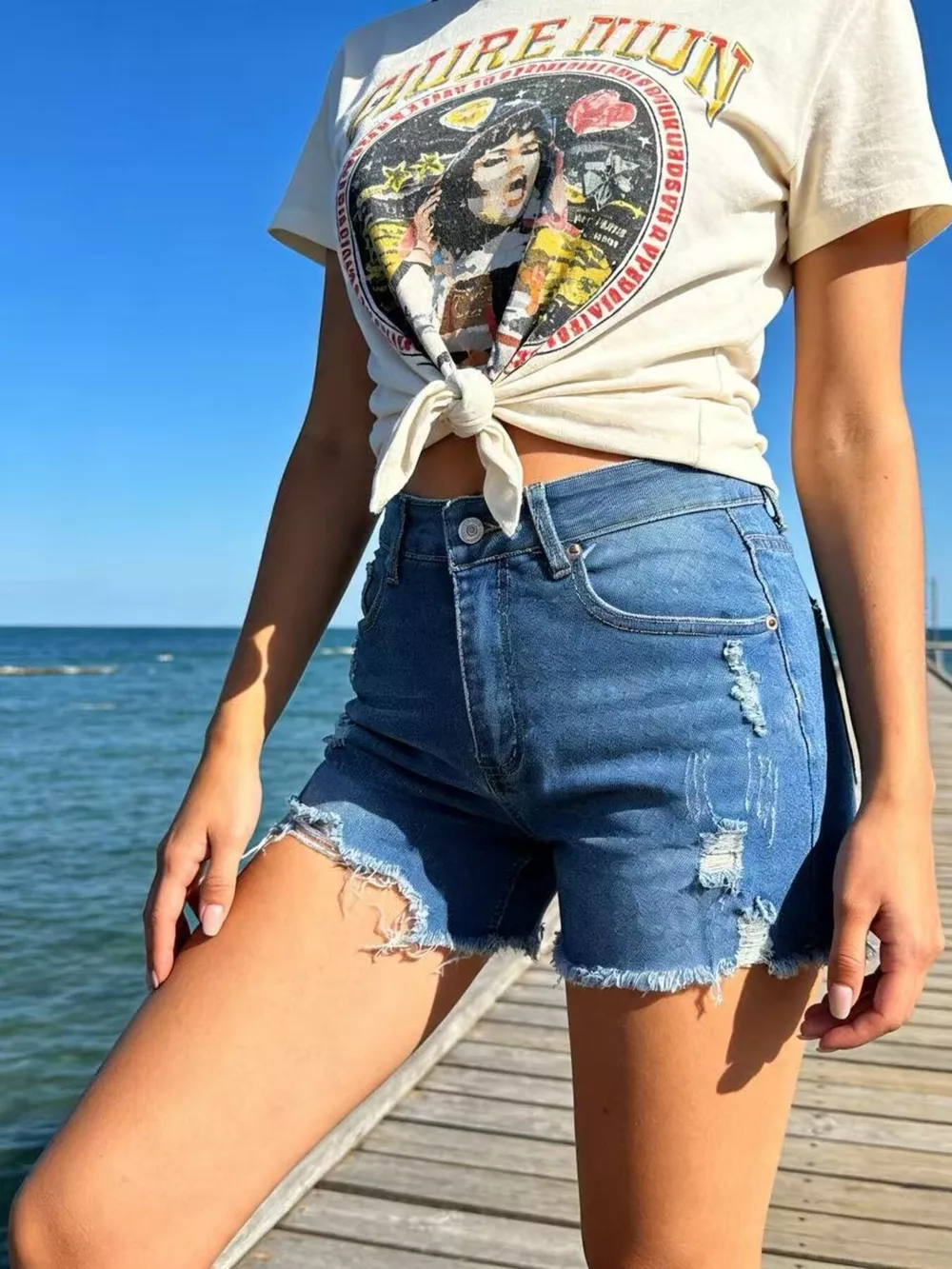 Distressed Frayed Hem Denim Shorts, image 4