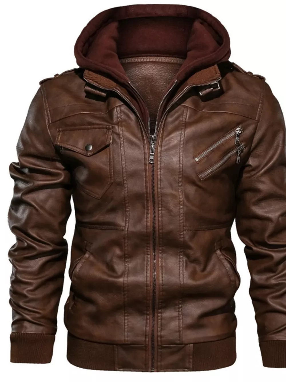 Men's Full Size Hooded Faux Leather Moto Jacket Plus Size, image 5