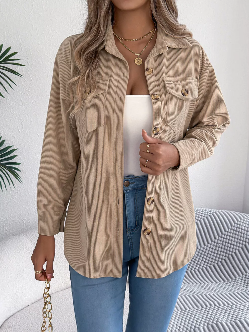 Casual Corduroy Button-Up Shacket, image 2