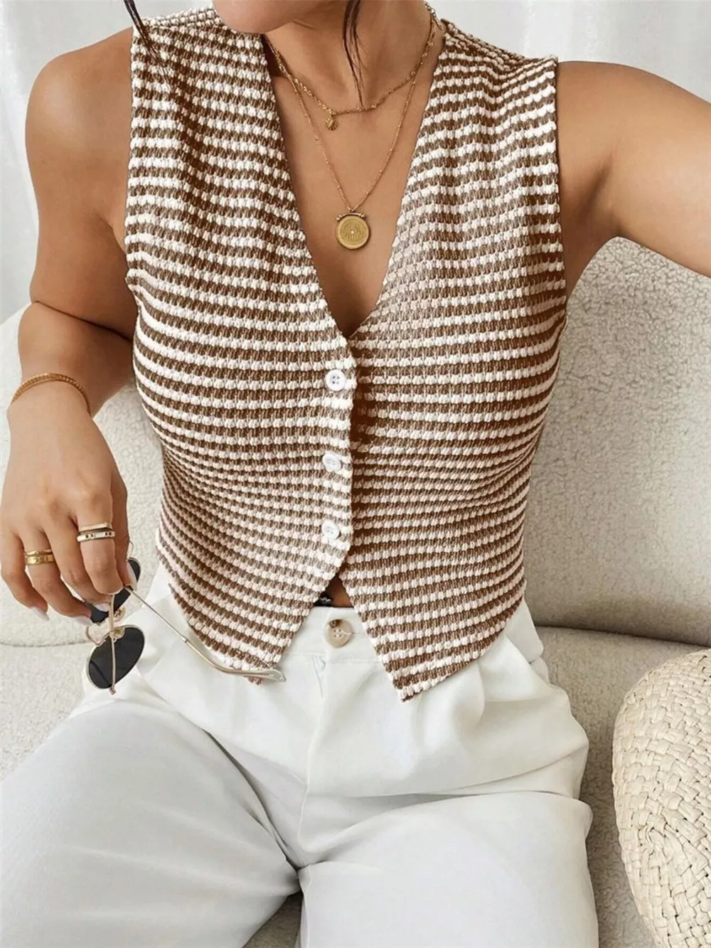 Striped Knit V-Neck Vest, image 11