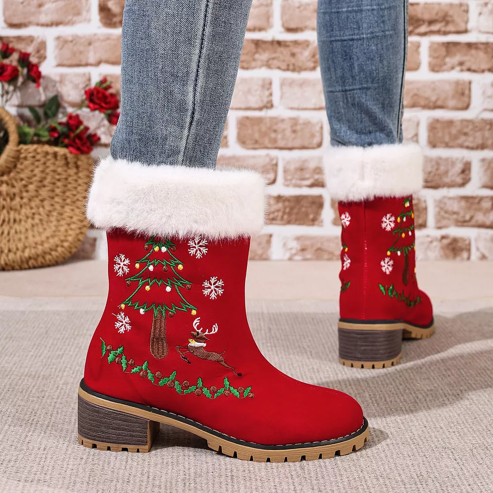 Christmas Embroidered Block Heel Ankle Boots, image 5