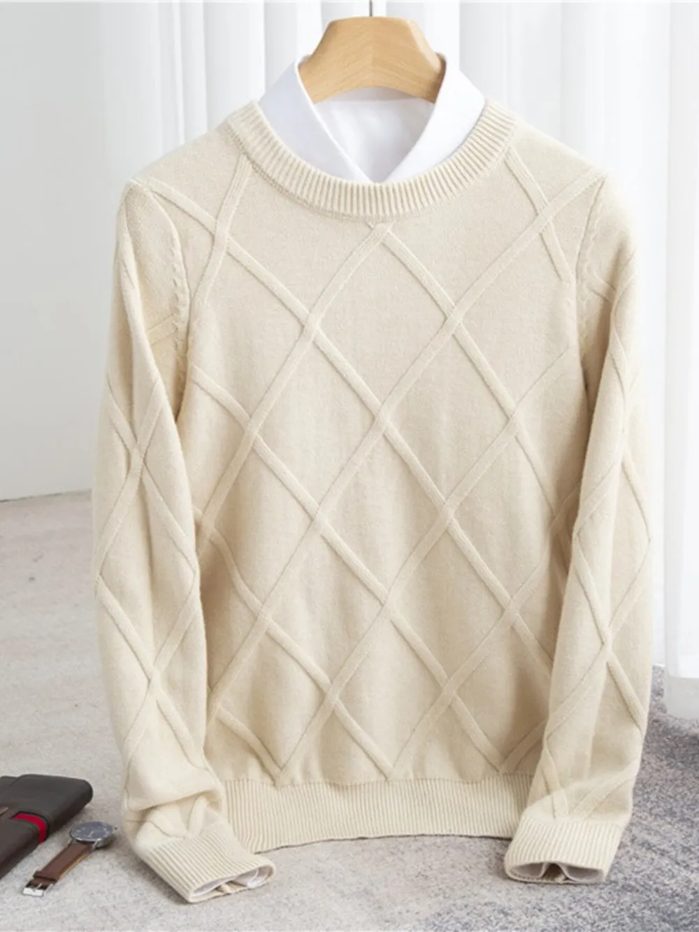 Men's Full Size Diamond Pattern Long Sleeve Sweater Plus Size