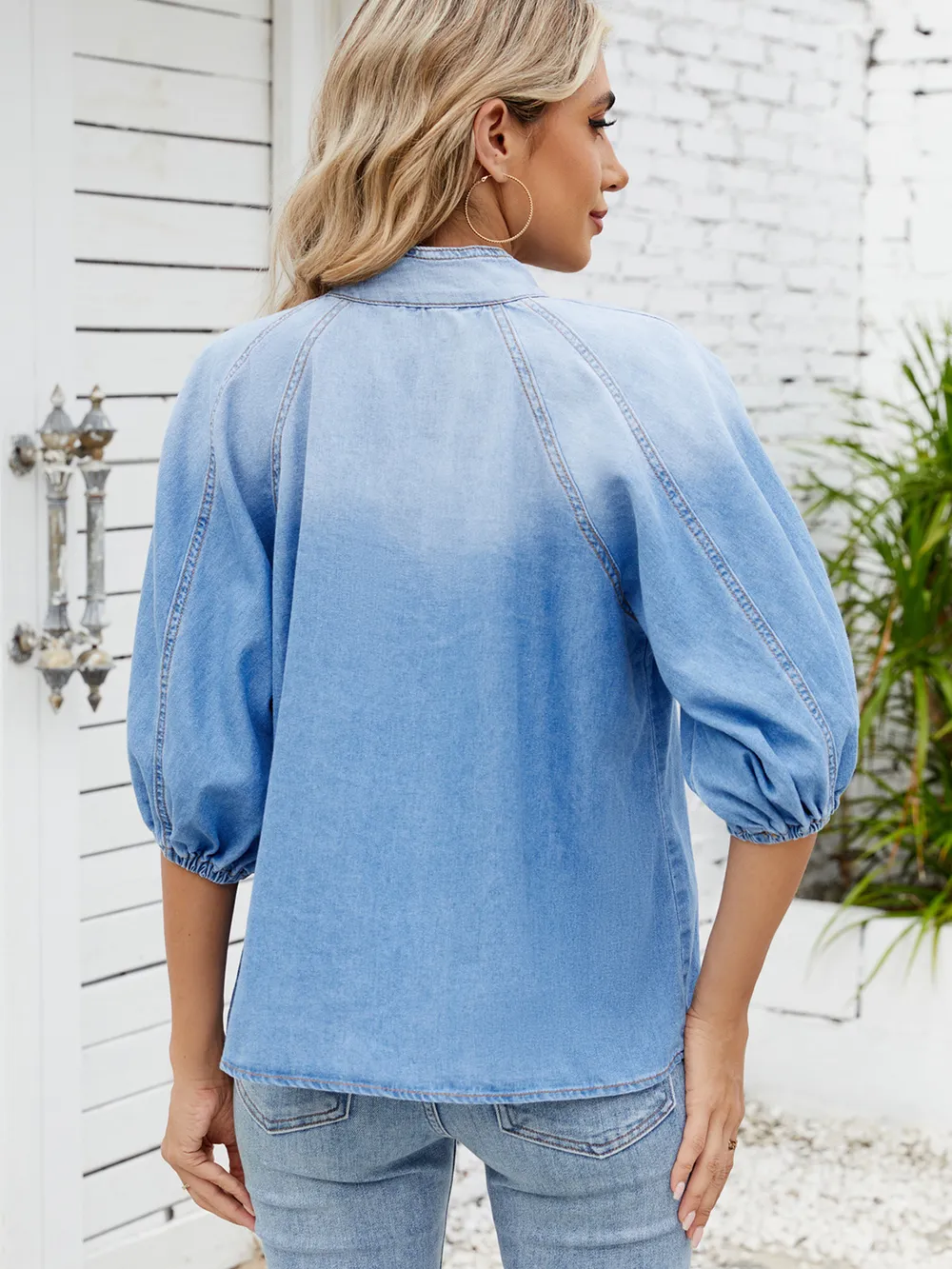 Denim Bow Tie Puff Sleeve Top, image 5