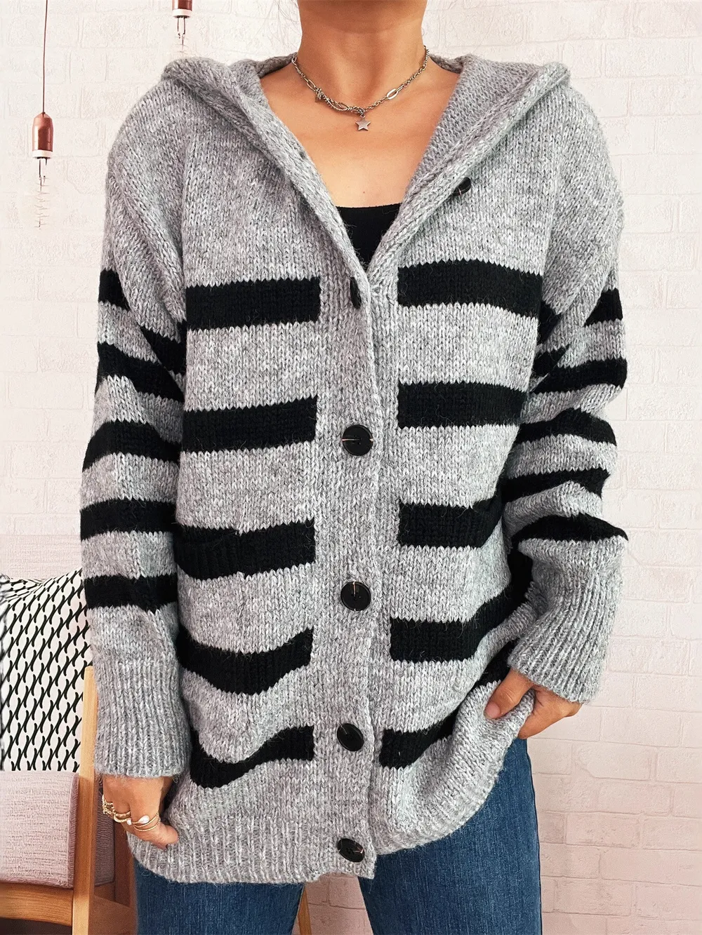 Striped Button-Up Hooded Cardigan, image 19