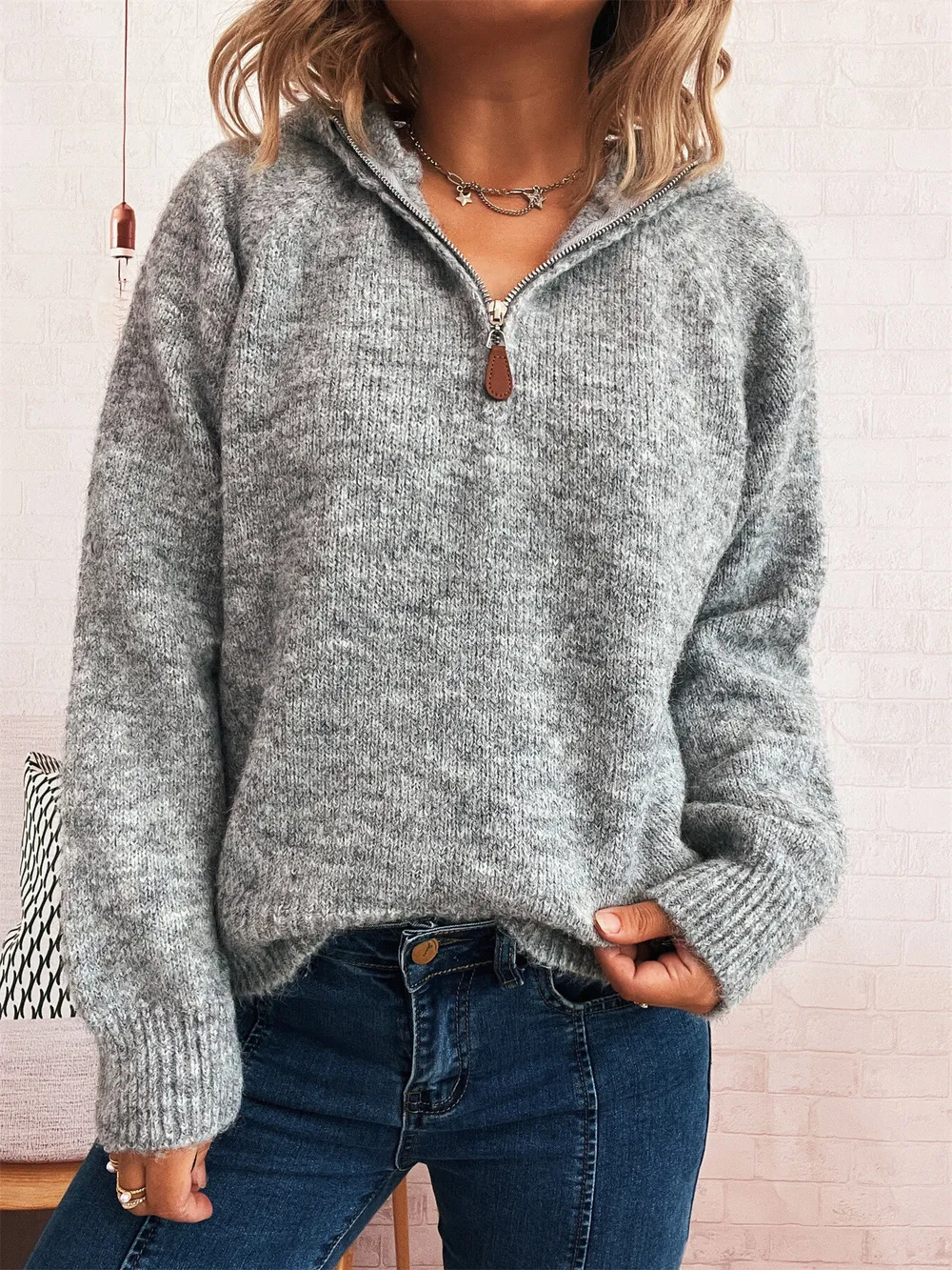 Quarter Zip Ribbed Hem Sweater, image 5