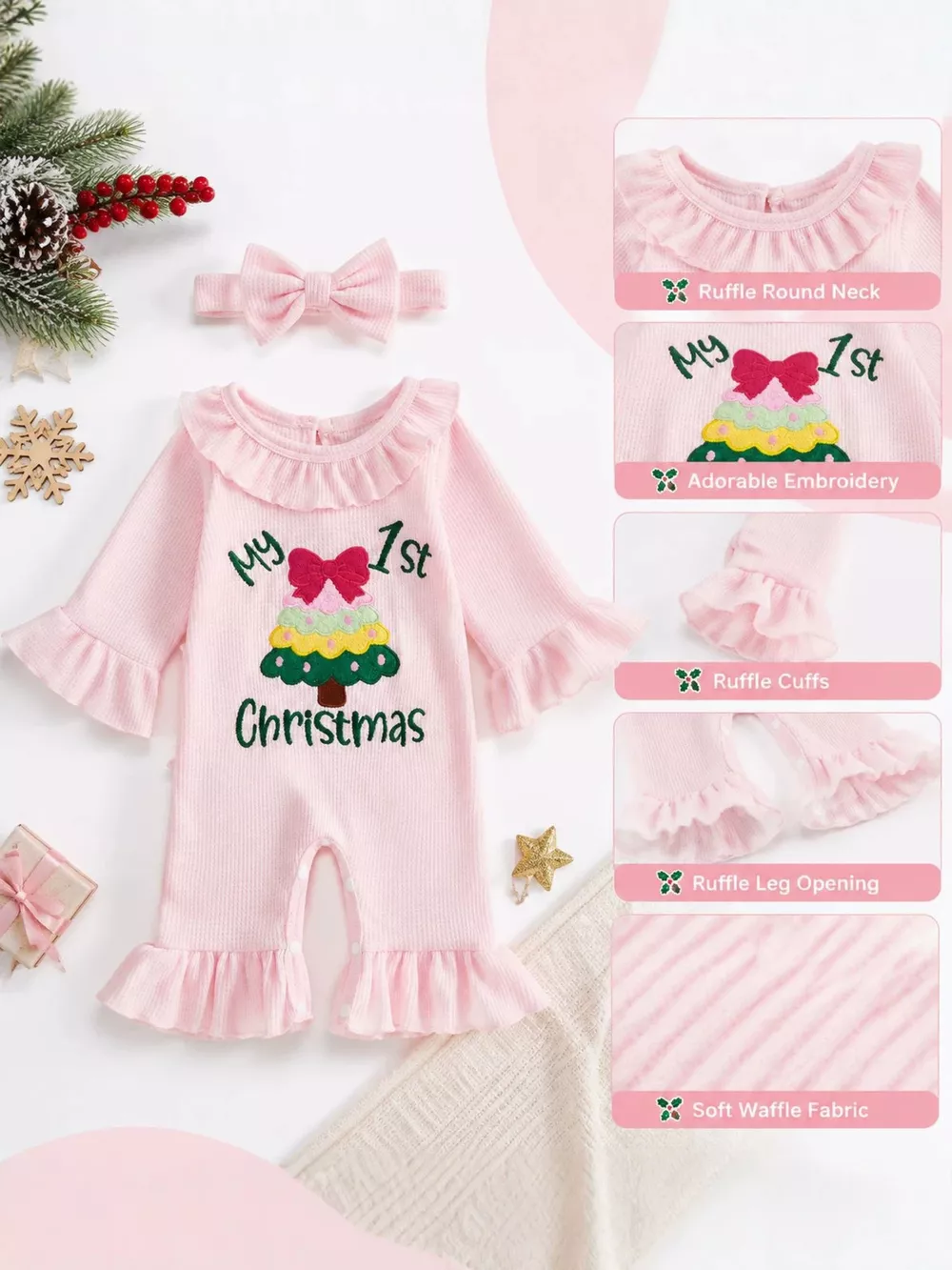 Children's 'My 1st Christmas' Ribbed Ruffle Jumpsuit and Headband Set, image 4