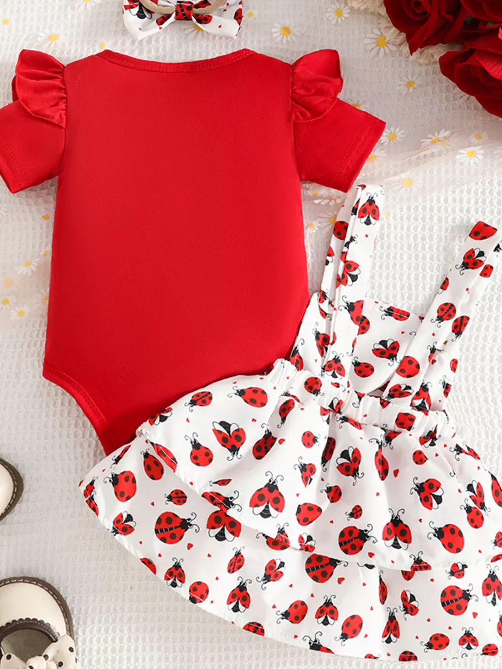 Children's Ladybug Print Ruffle Sleeve Baby Set with Headband, image 3