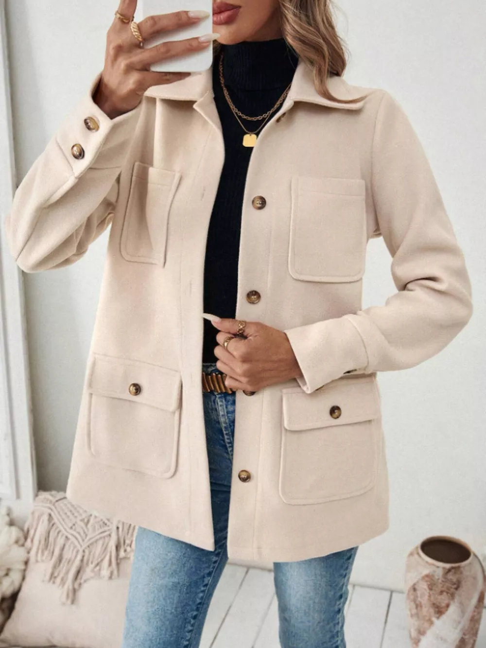 Button-Front Pocketed Long Sleeve Outerwear, image 4