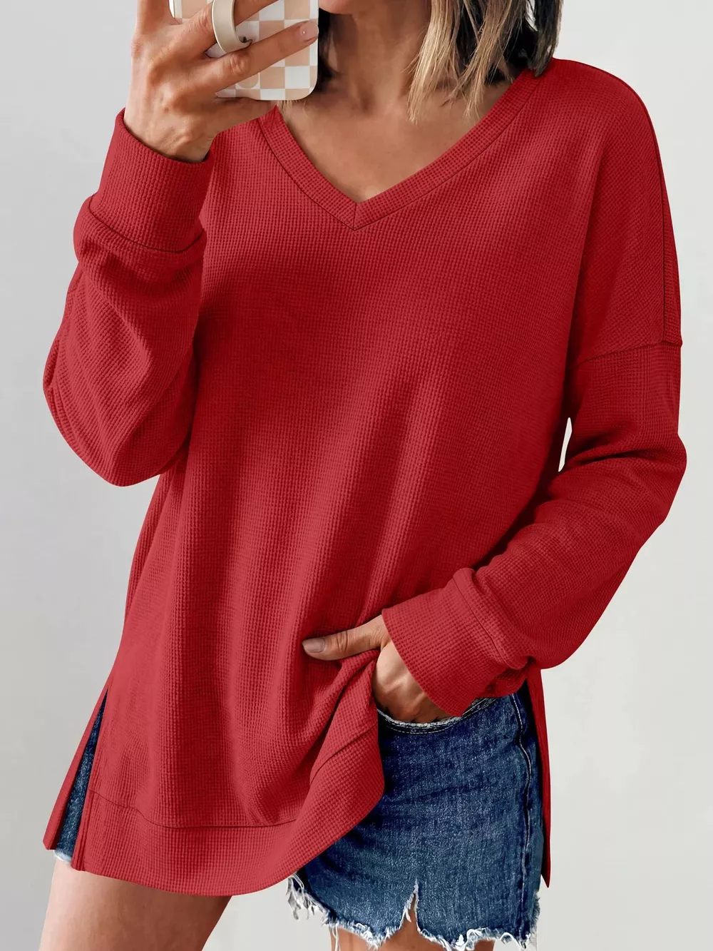 Side Slit Waffle Knit V-Neck T-Shirt, image 11