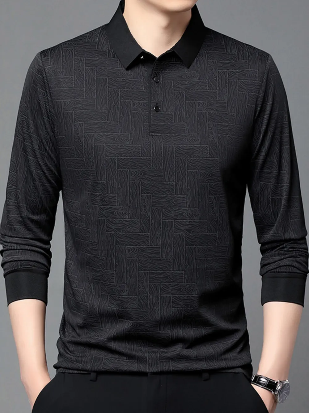 Men's Plus Size Button Detail Long Sleeve Polo, image 3