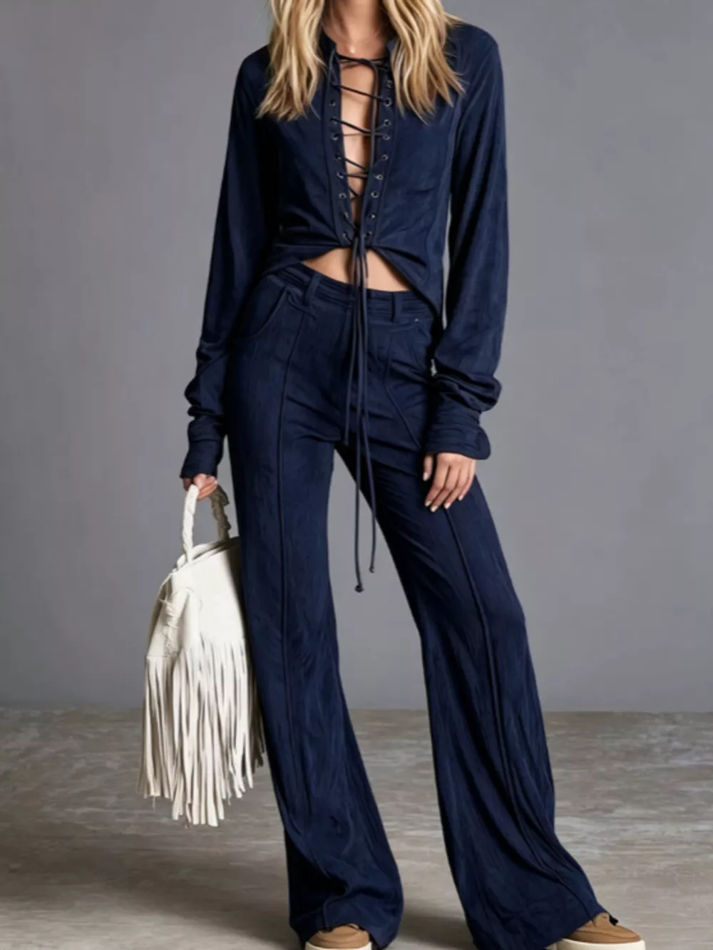 Full Size Lace-Up Long Sleeve Top and Wide-Leg Pants Set Plus Size, image 9