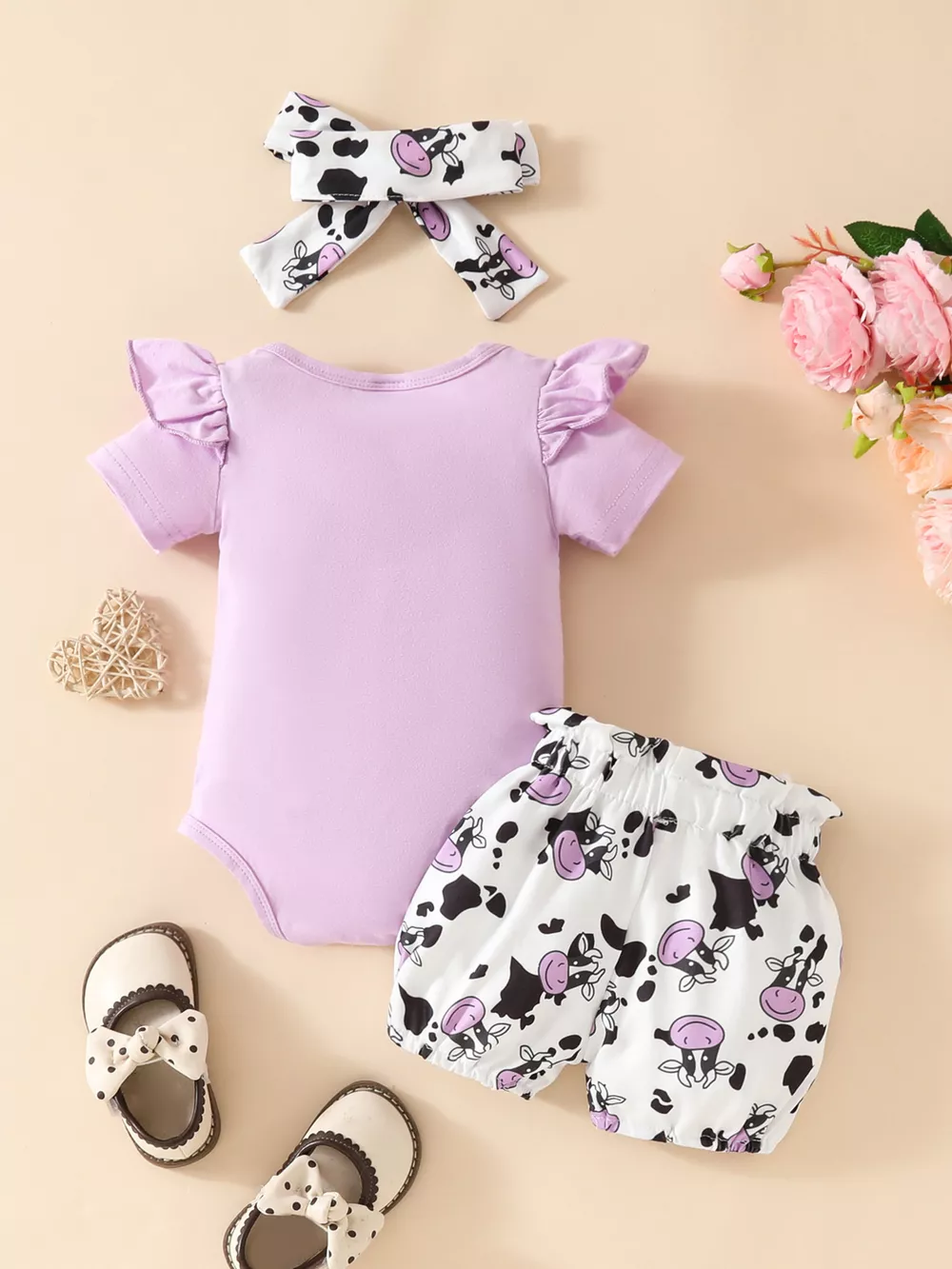 Children's Ruffled Cow Bodysuit and Shorts Set with Headband, image 8