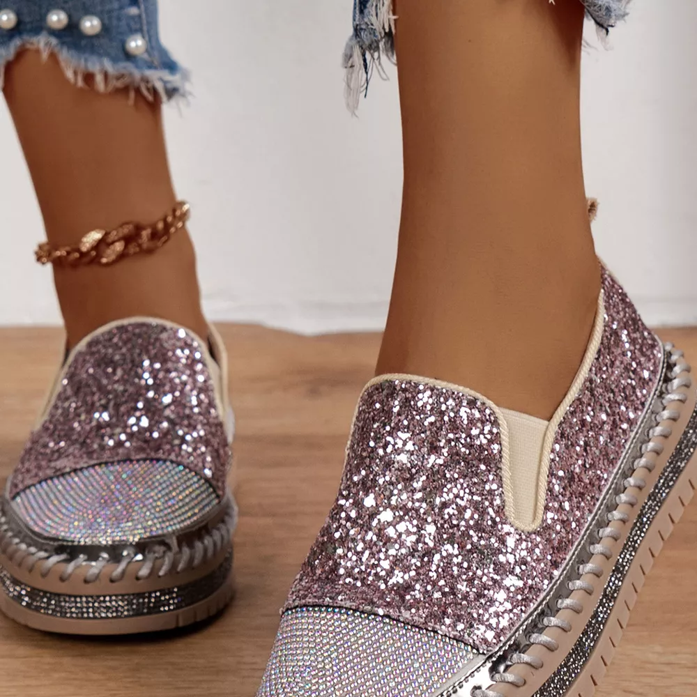 Rhinestone Sequin Round Toe Platform Loafers, image 14