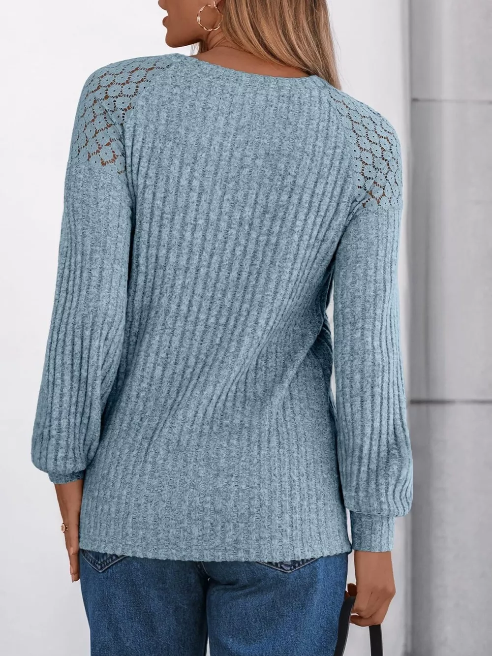 Ribbed Knit T-Shirt with Lace Shoulder Detail, image 14