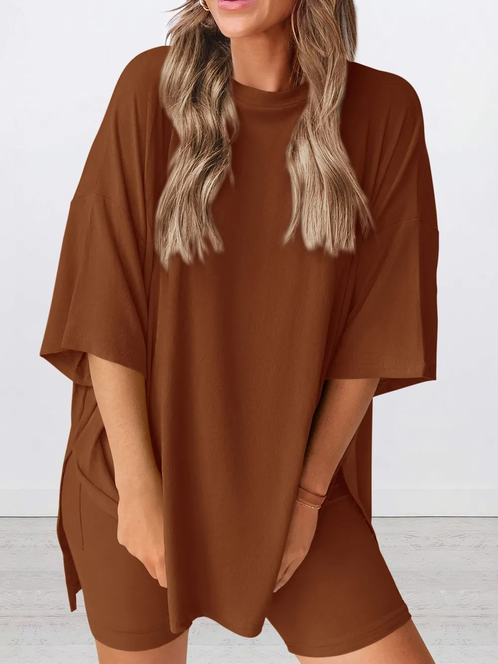 Full Size Oversized Round Neck Top and Shorts Set Plus Size, image 18