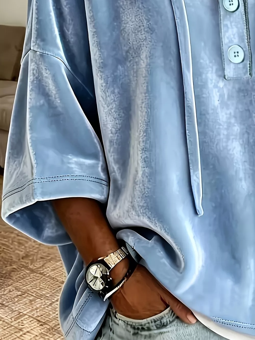 Full Size Velvet Button Detail Drawstring Hoodie Plus Size, image 3