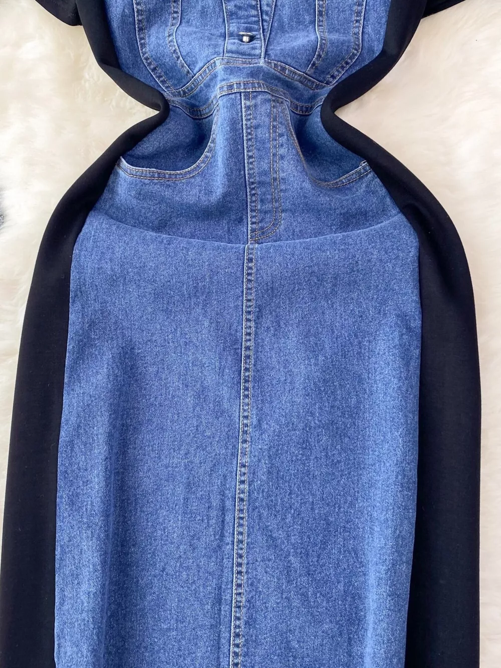 Full Size Denim Patchwork Short Sleeve Slit Back Dress Plus Size, image 13