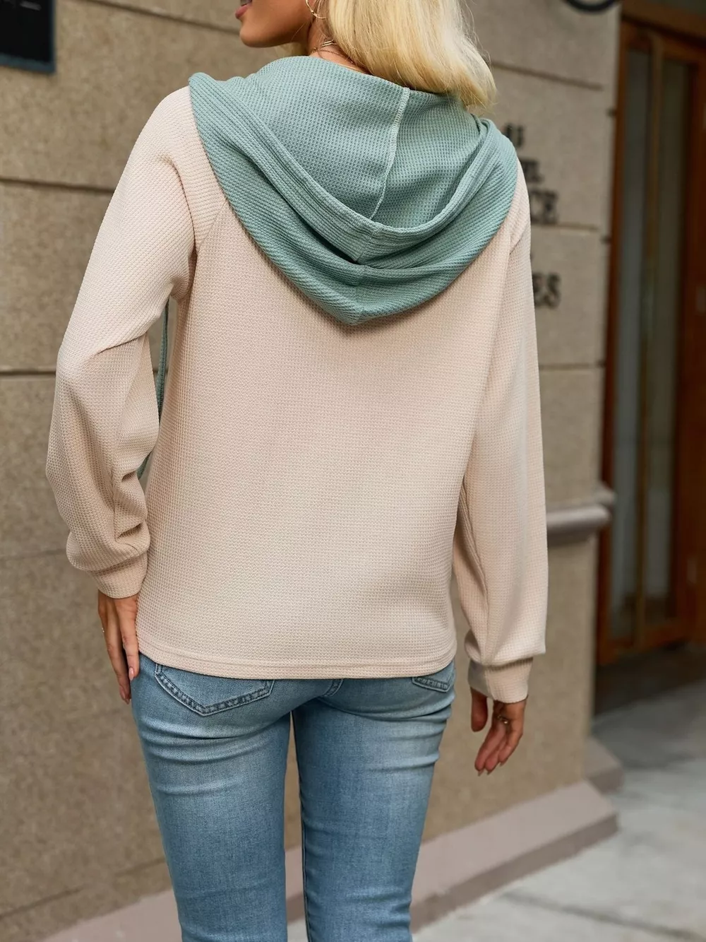 Waffle Knit Henley Hoodie with Contrast Trim, image 6