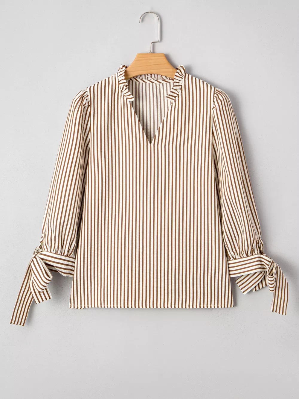 Striped Ruffled Neck Blouse with Tie Sleeves, image 4