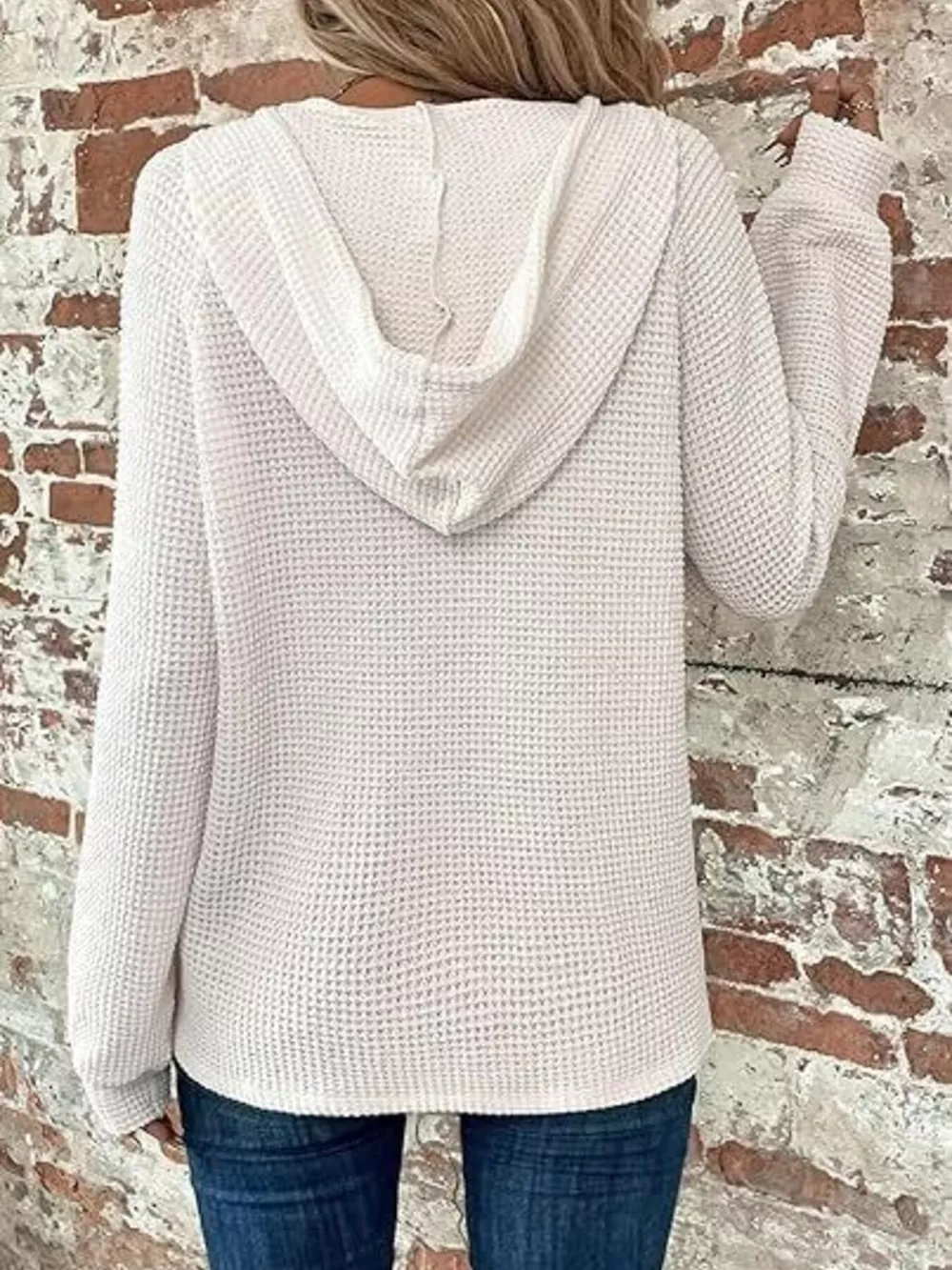 Full Size Waffle Knit Half-Button Hoodie Plus Size, image 2