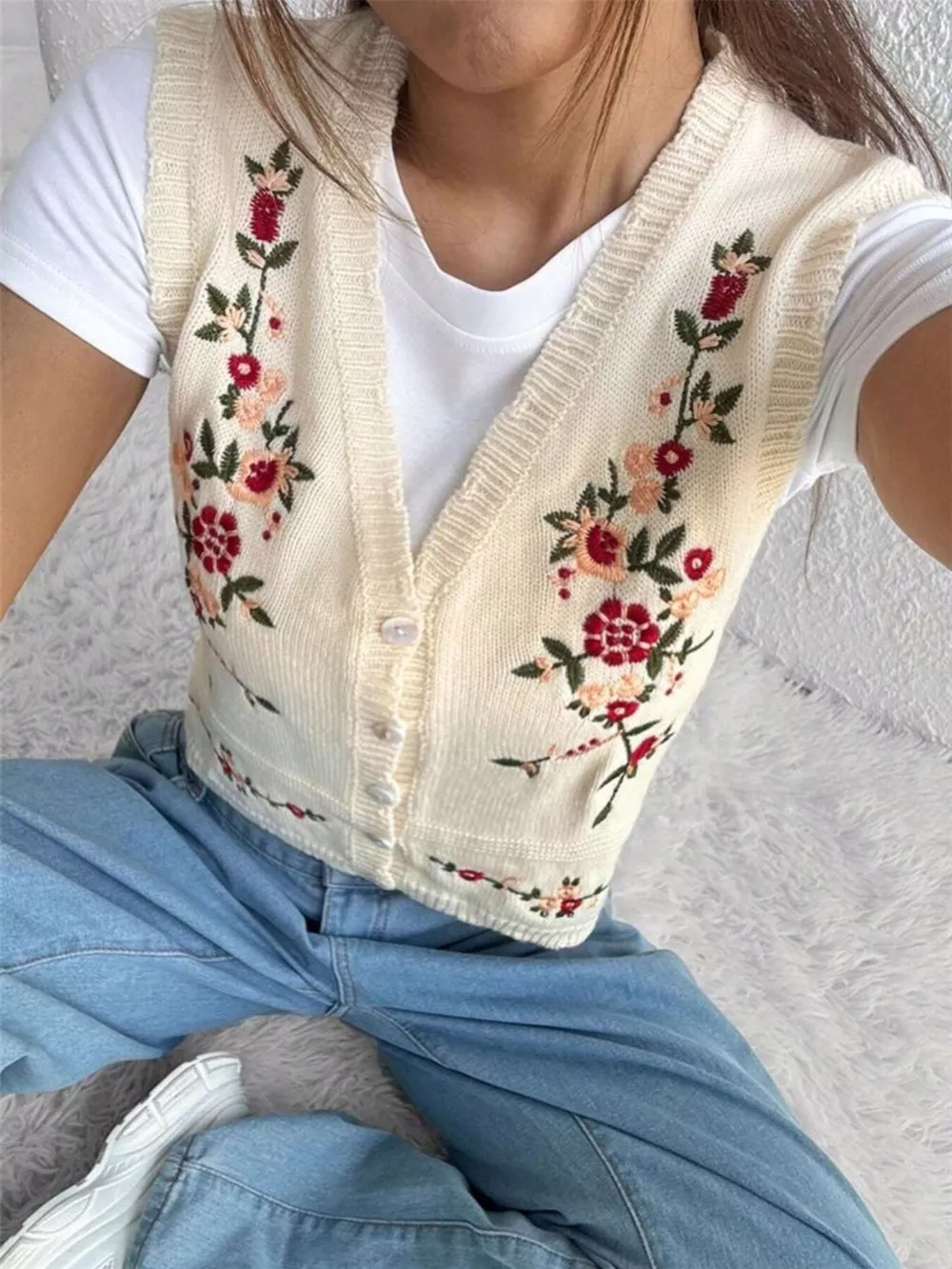 Embroidered Button Up Sweater Vest, image 6