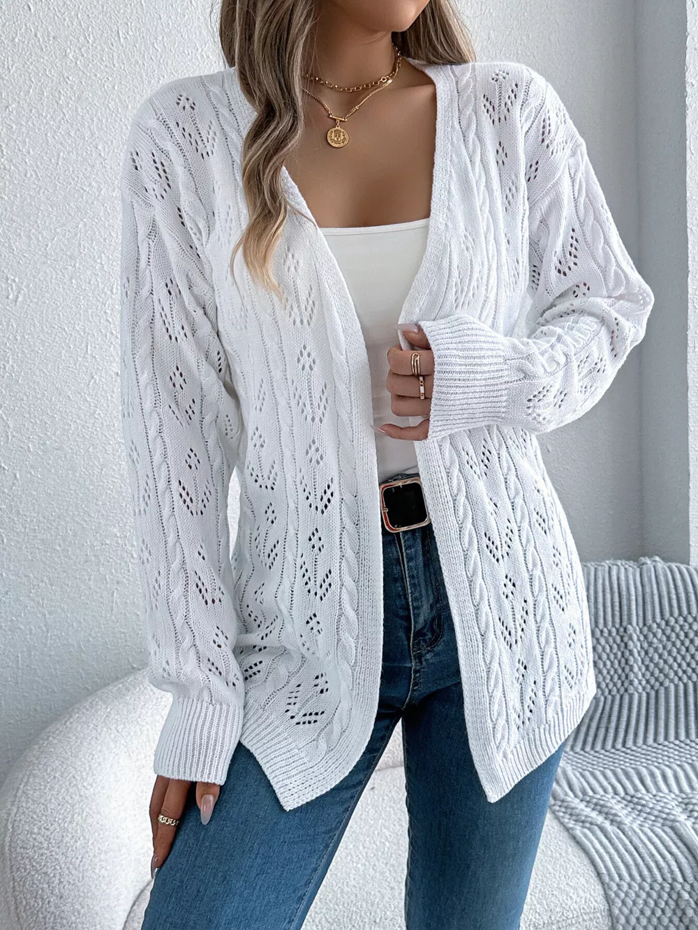 Openwork Open Front Long Sleeve Cardigan, image 11