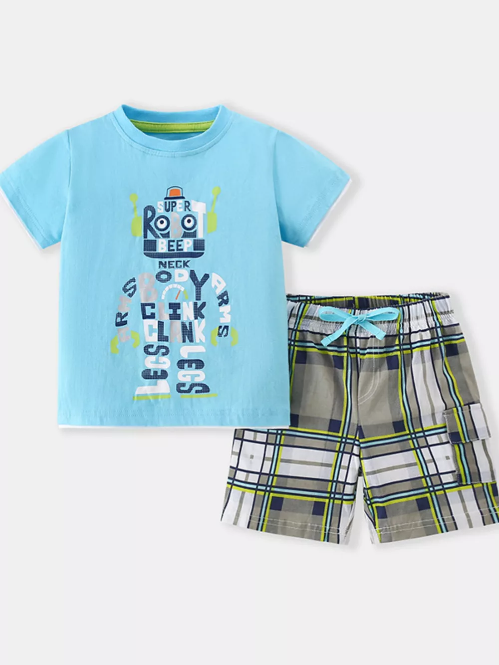 Children's Robot Short Sleeve T-Shirt & Plaid Shorts Set