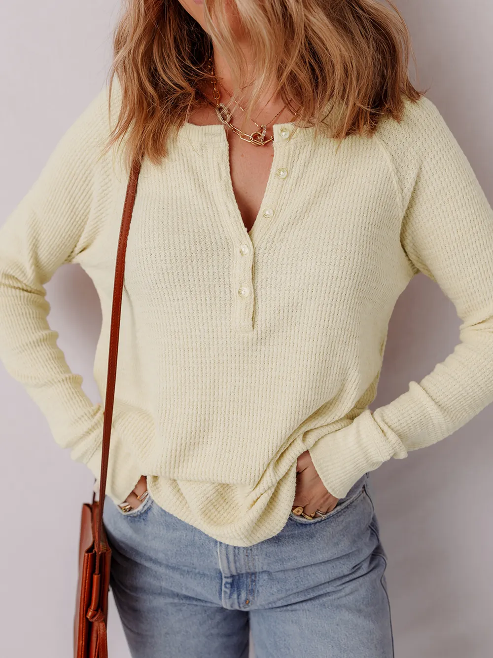 Textured Knit Half Buttons Henley Top, image 4