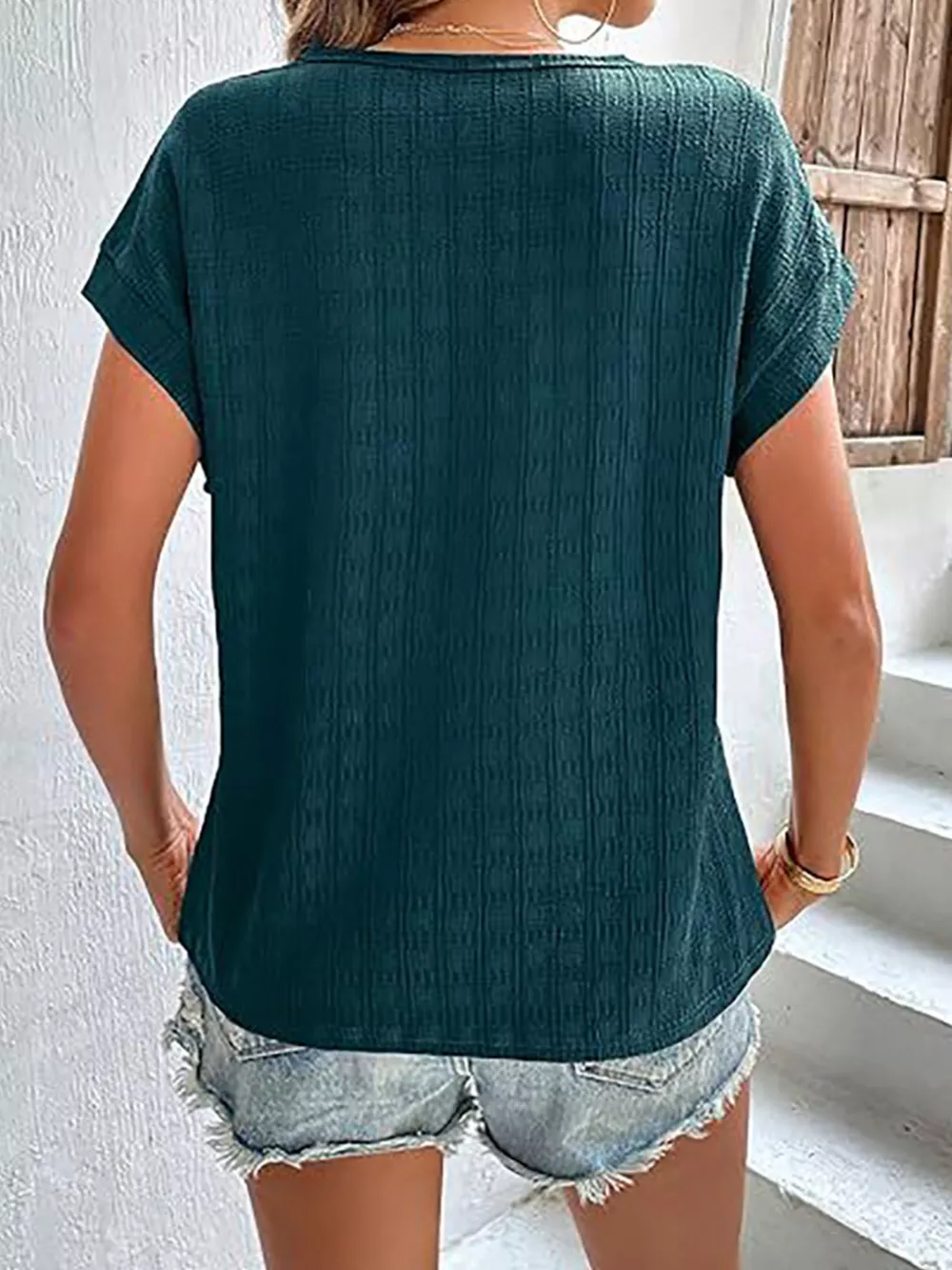Textured Round Neck Short Sleeve Top, image 5