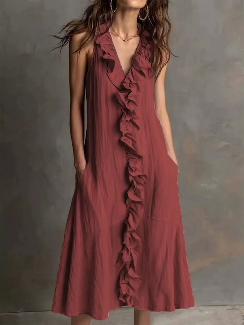 Sleeveless Ruffle Trim V-Neck Midi Dress, image 5