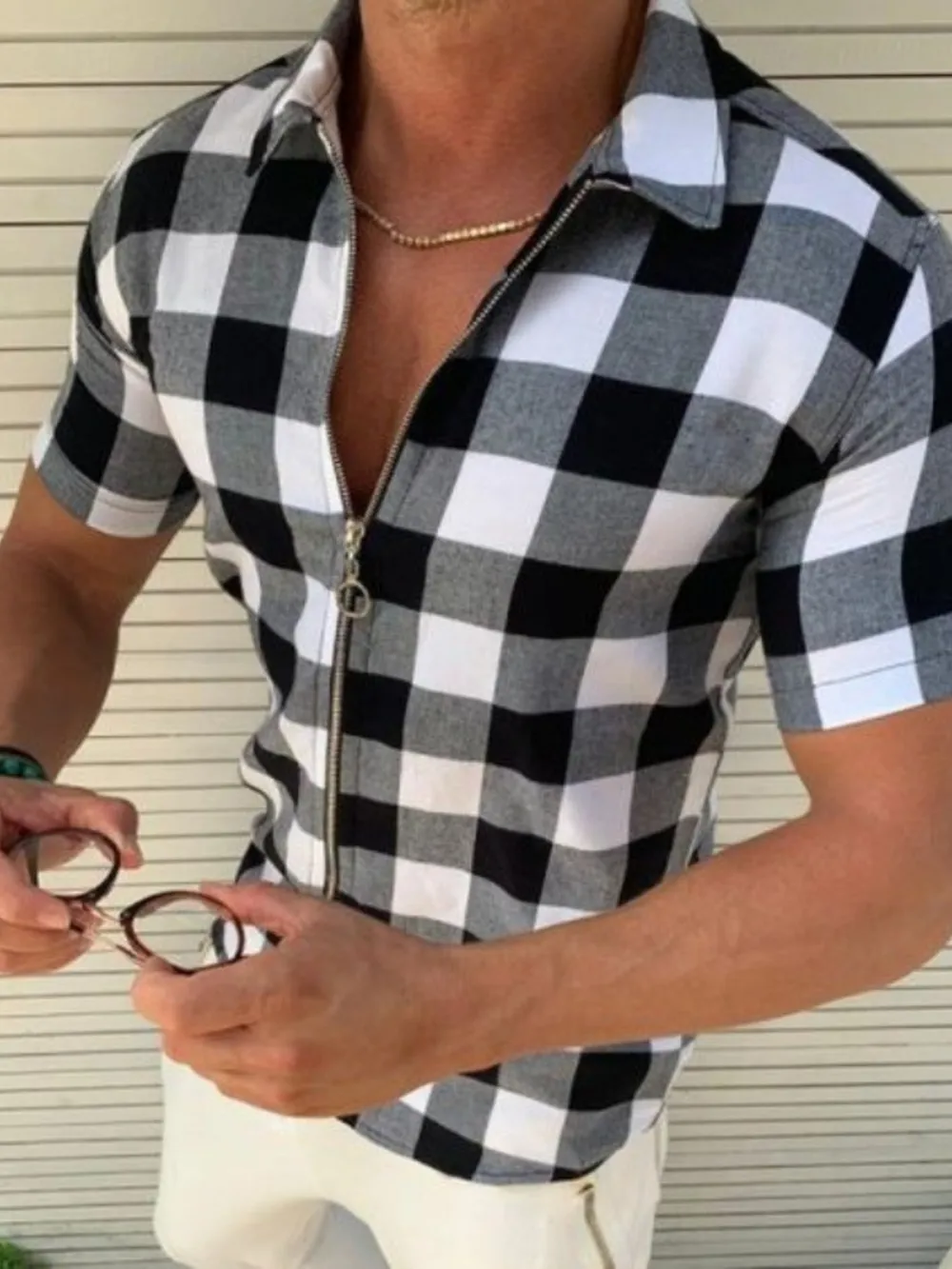 Men's Plus Size Plaid Zip Up Short Sleeve Shirt, image 3