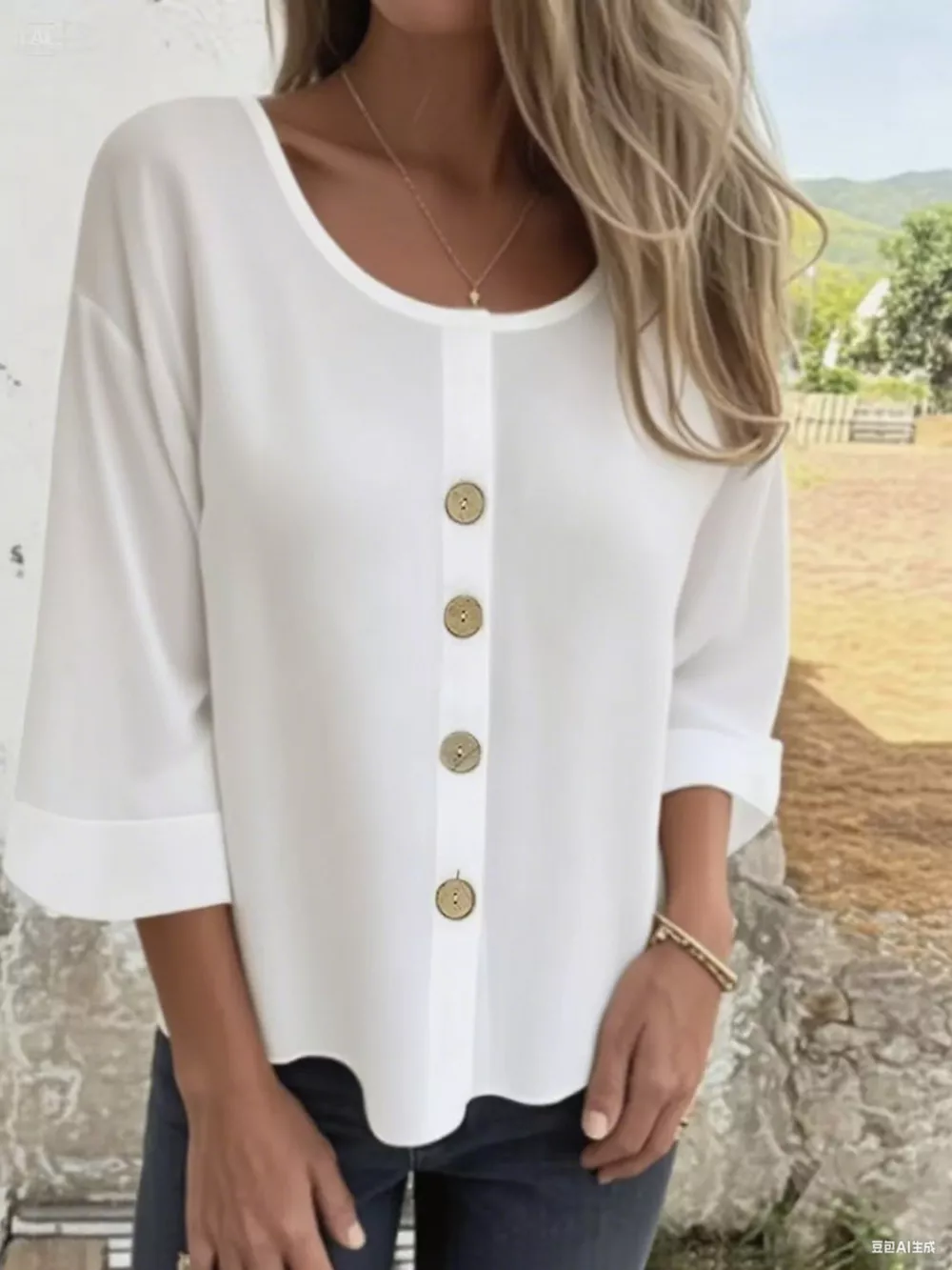 Full Size Button-Front 3/4 Sleeve Casual Blouse Plus Size, image 13