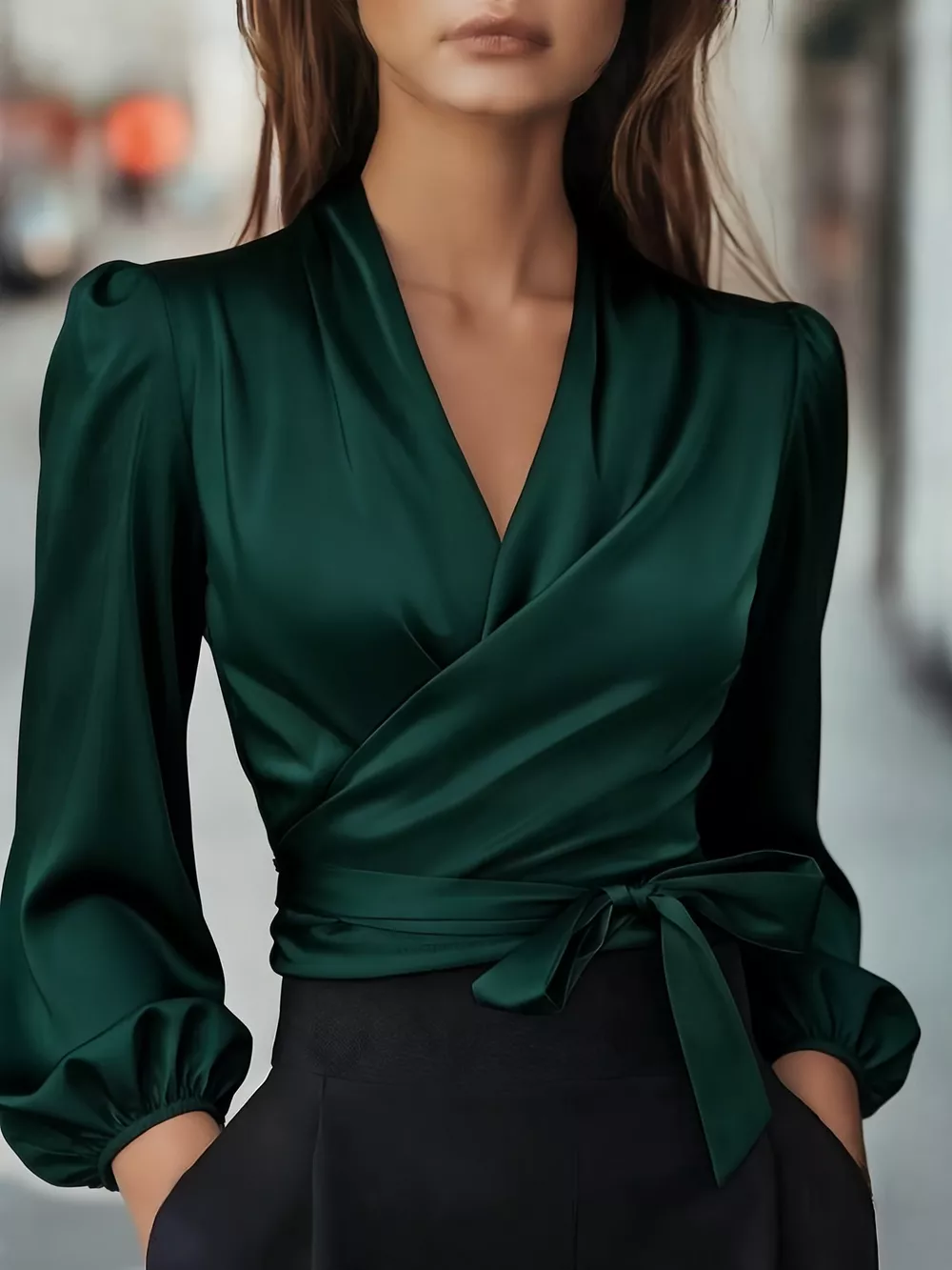 Satin Tied Balloon Sleeve Blouse, image 8