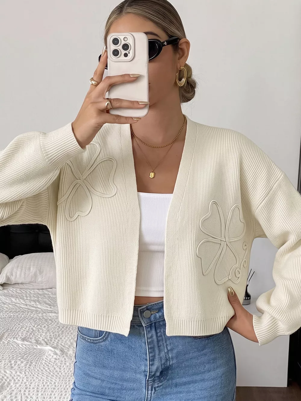 Four-Leaf Clover Open Front Cardigan, image 3