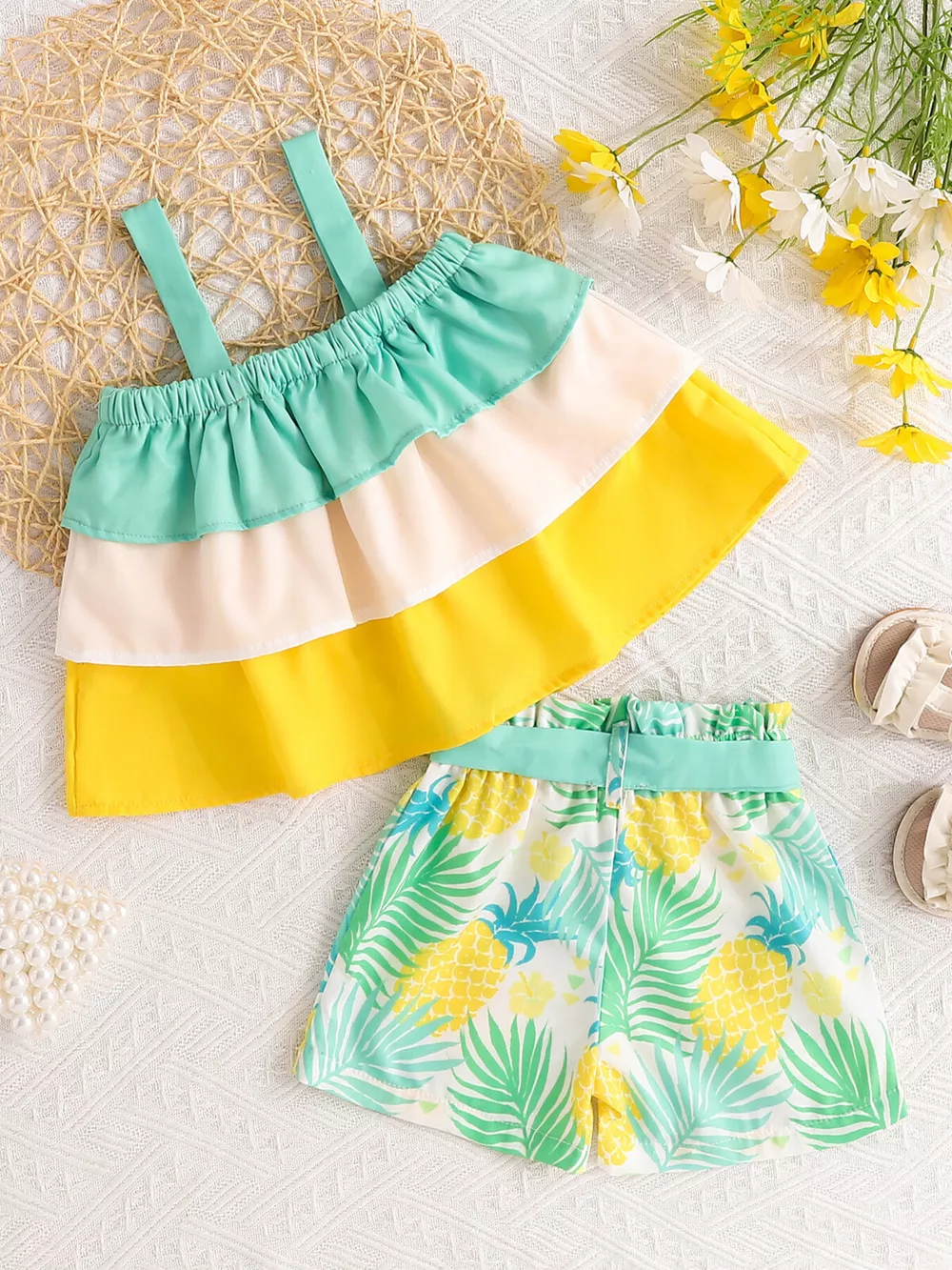 Children's Ruffle Trim Layered Cami Top & Pineapple Print Shorts Set, image 7