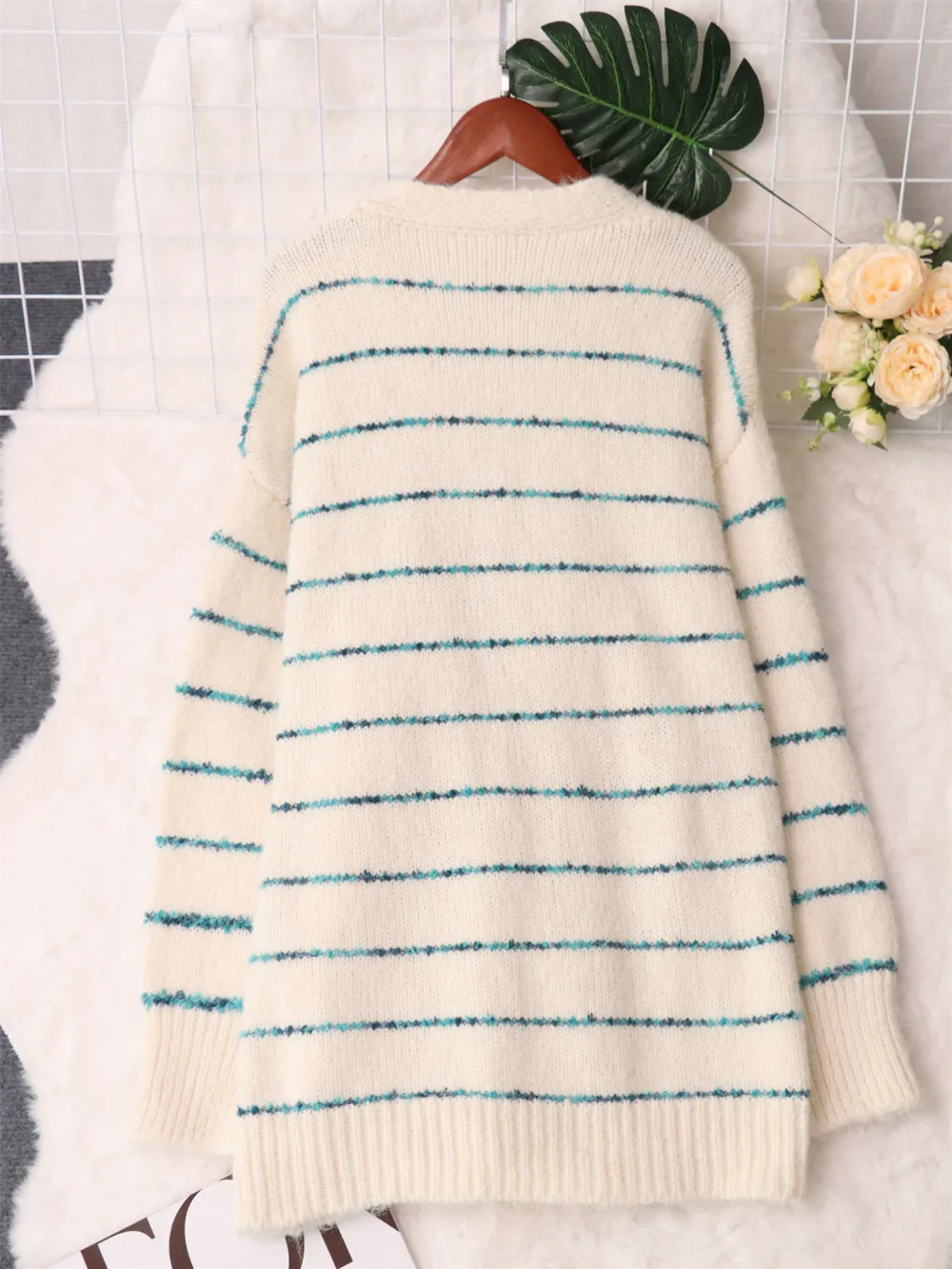 Striped Button-Up Cardigan with V-Neck Design, image 7