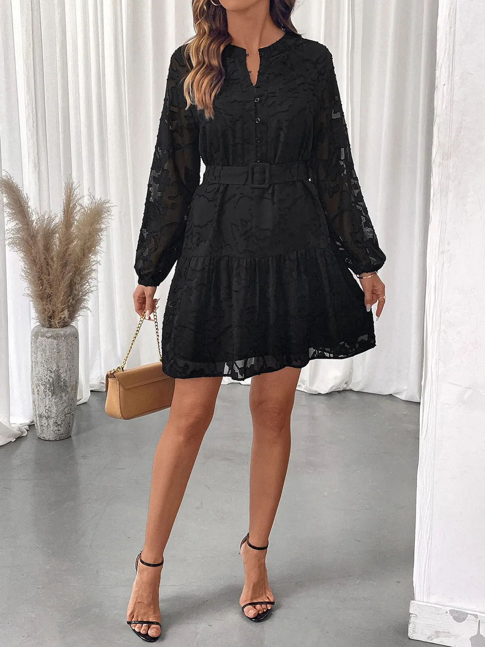 Button-Front Balloon Sleeve Mini Dress, image 8