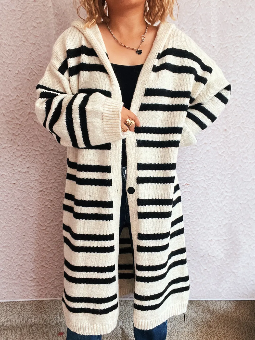 Striped Open Front Hooded Cardigan, image 20