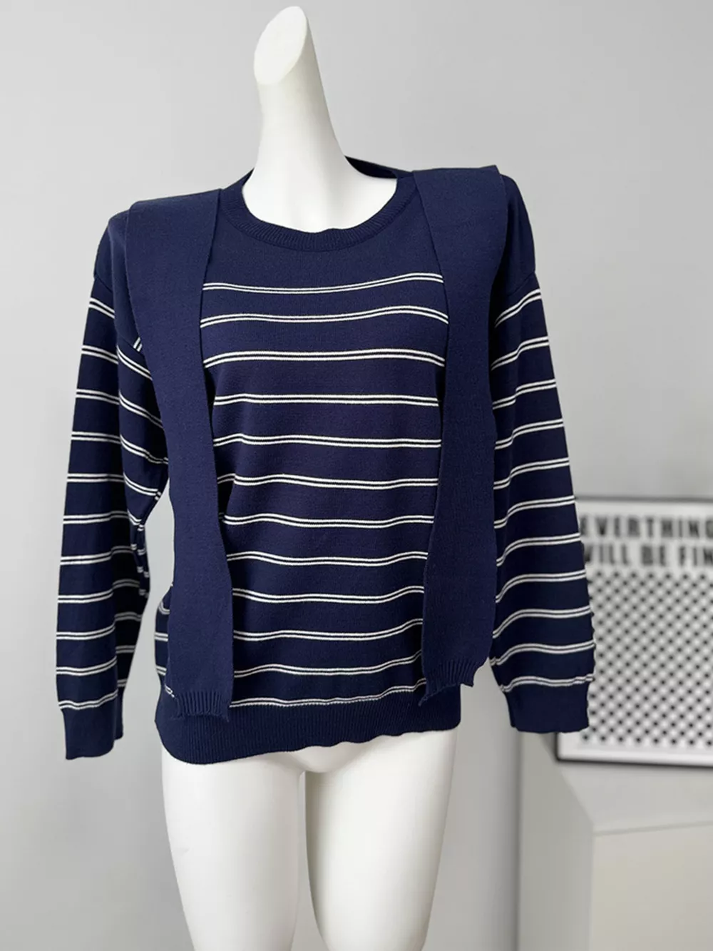 Classic Striped Crewneck Knit Top with Layered Sweater Detail, image 17