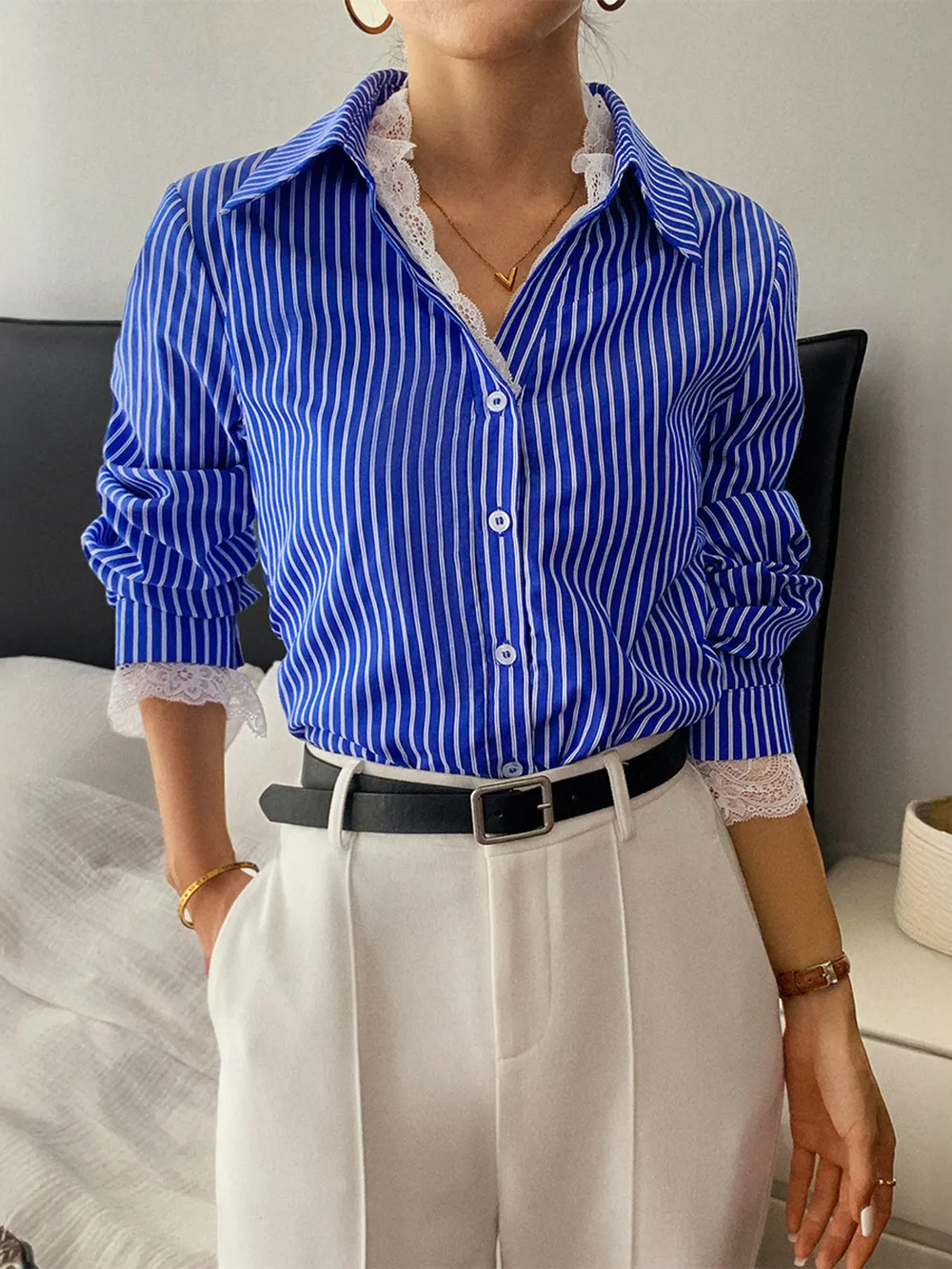 Striped Button-Down Shirt with Lace Detail, image 4