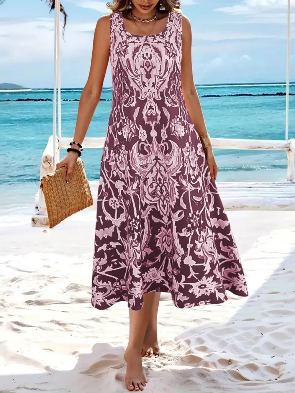 Printed Sleeveless Midi Dress, image 7