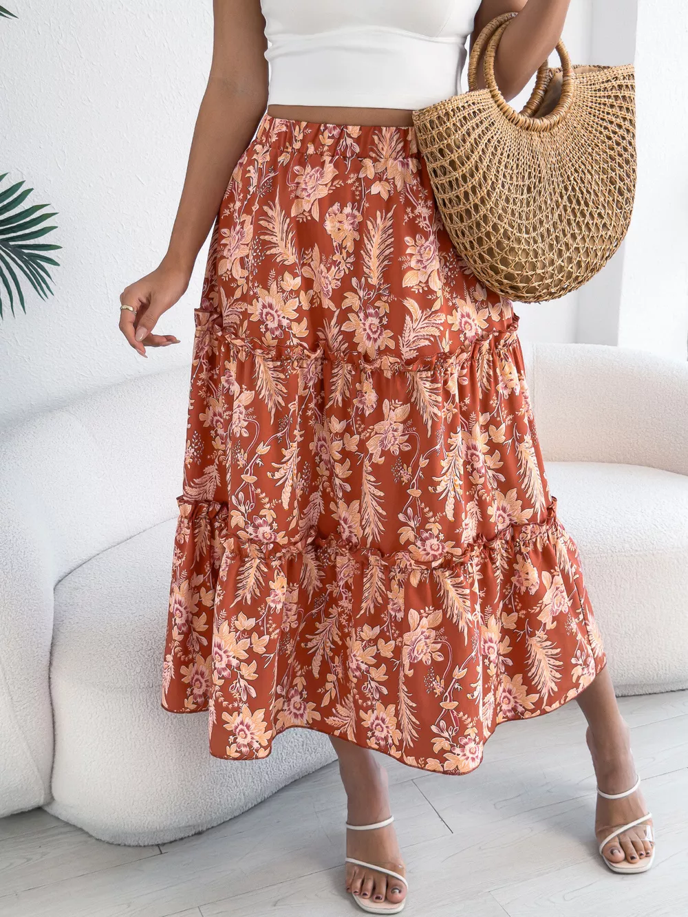 Floral Print Ruffle Hem Flowy Midi Skirt, image 9
