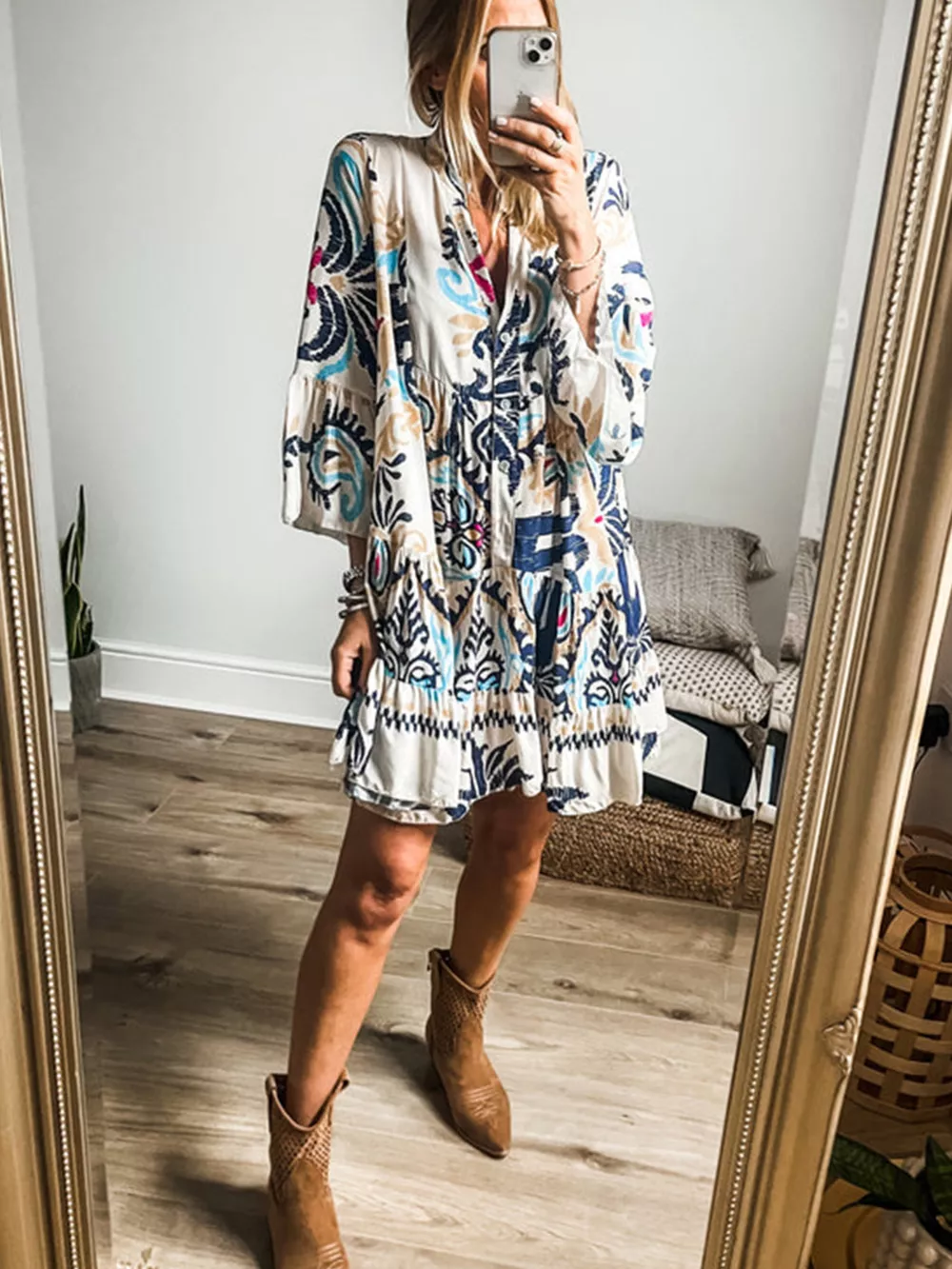 Bohemian Print Tiered Mini Dress, image 3