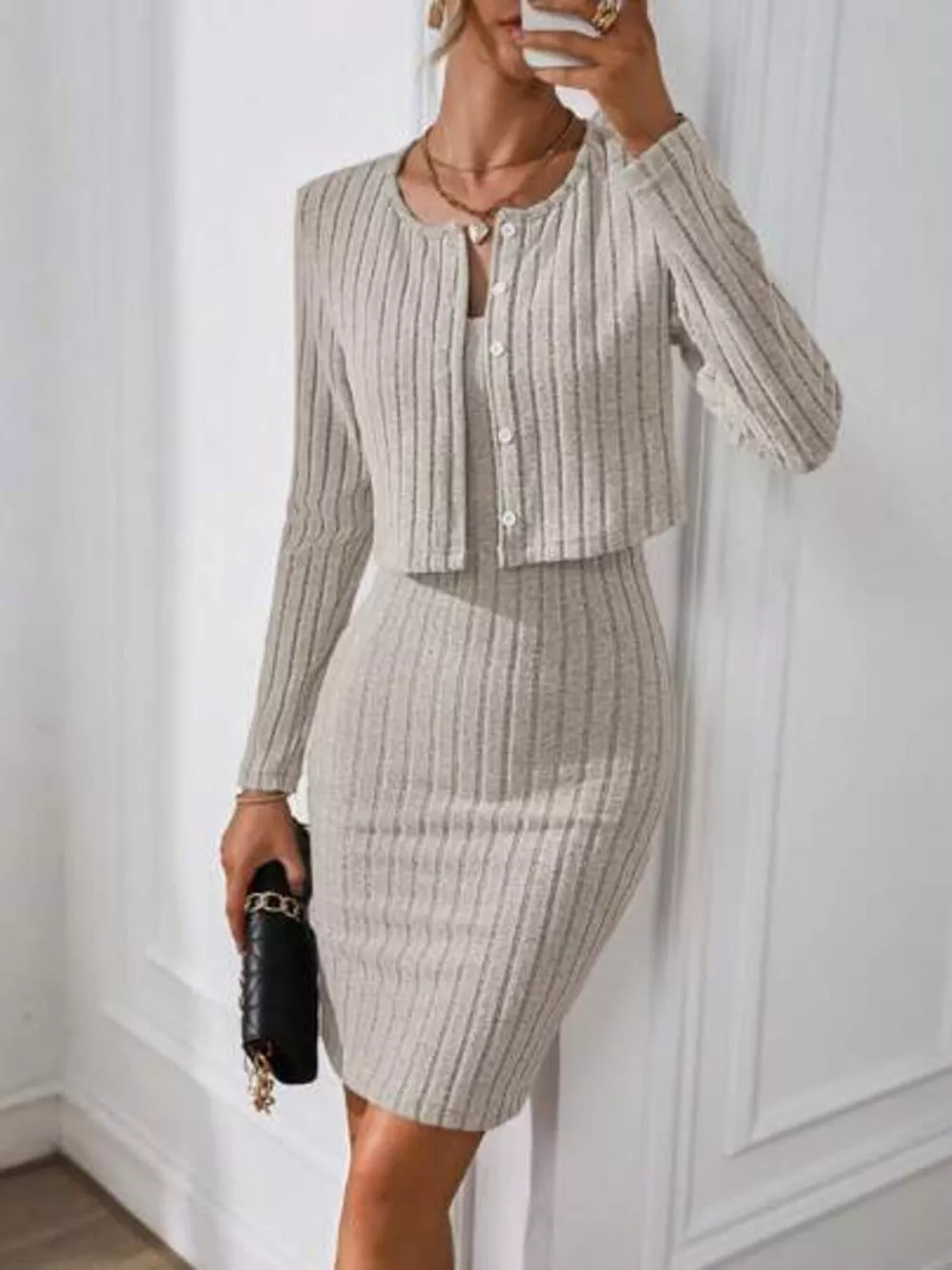 Ribbed Knit Bodycon Cami Dress with Cardigan, image 5
