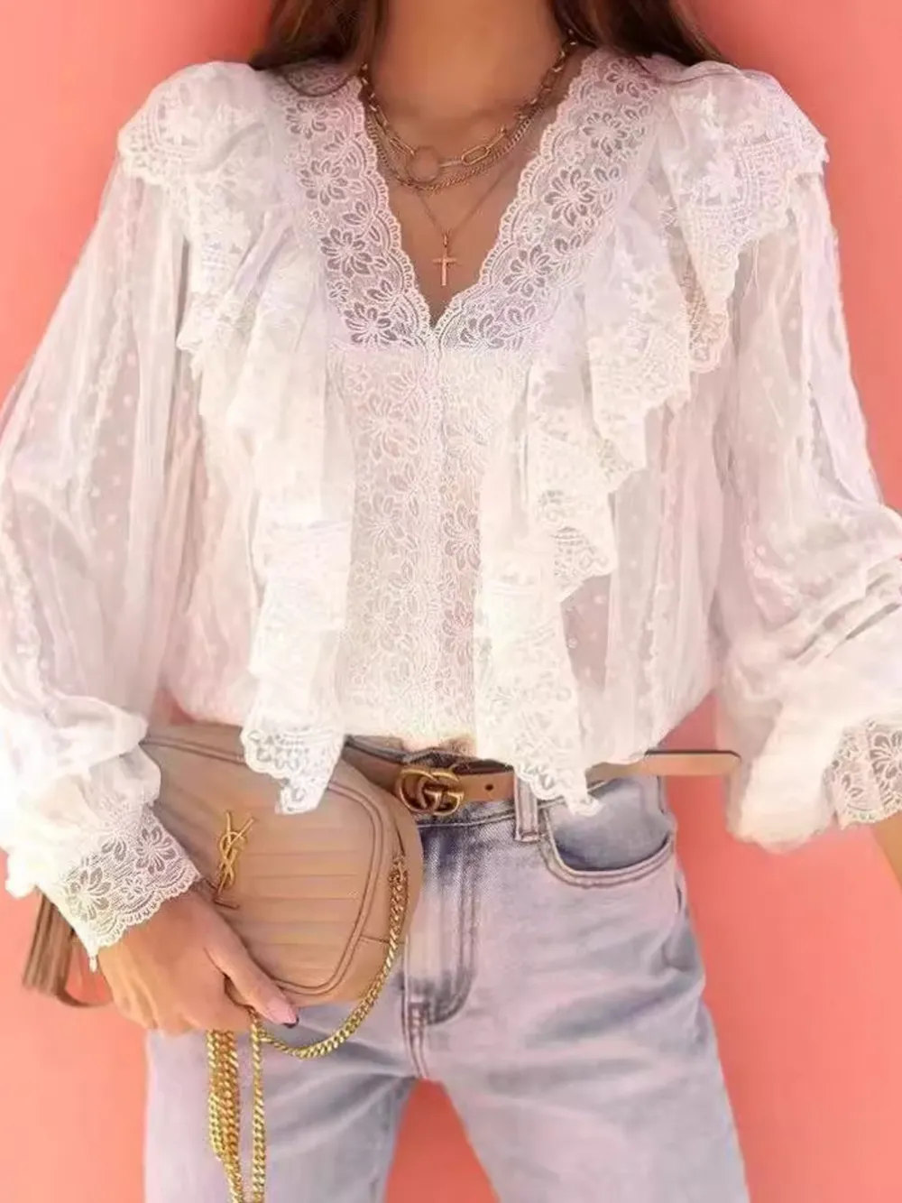 Lace Trim Ruffle V-Neck Long Sleeve Blouse, image 2