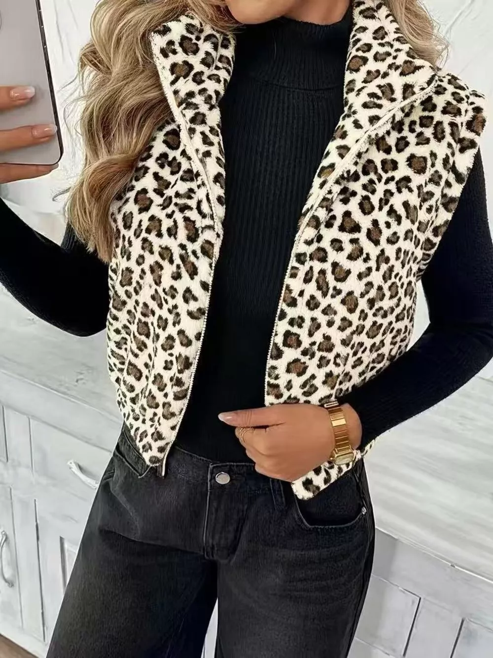 Animal Print Zip Up Vest Coat, image 4