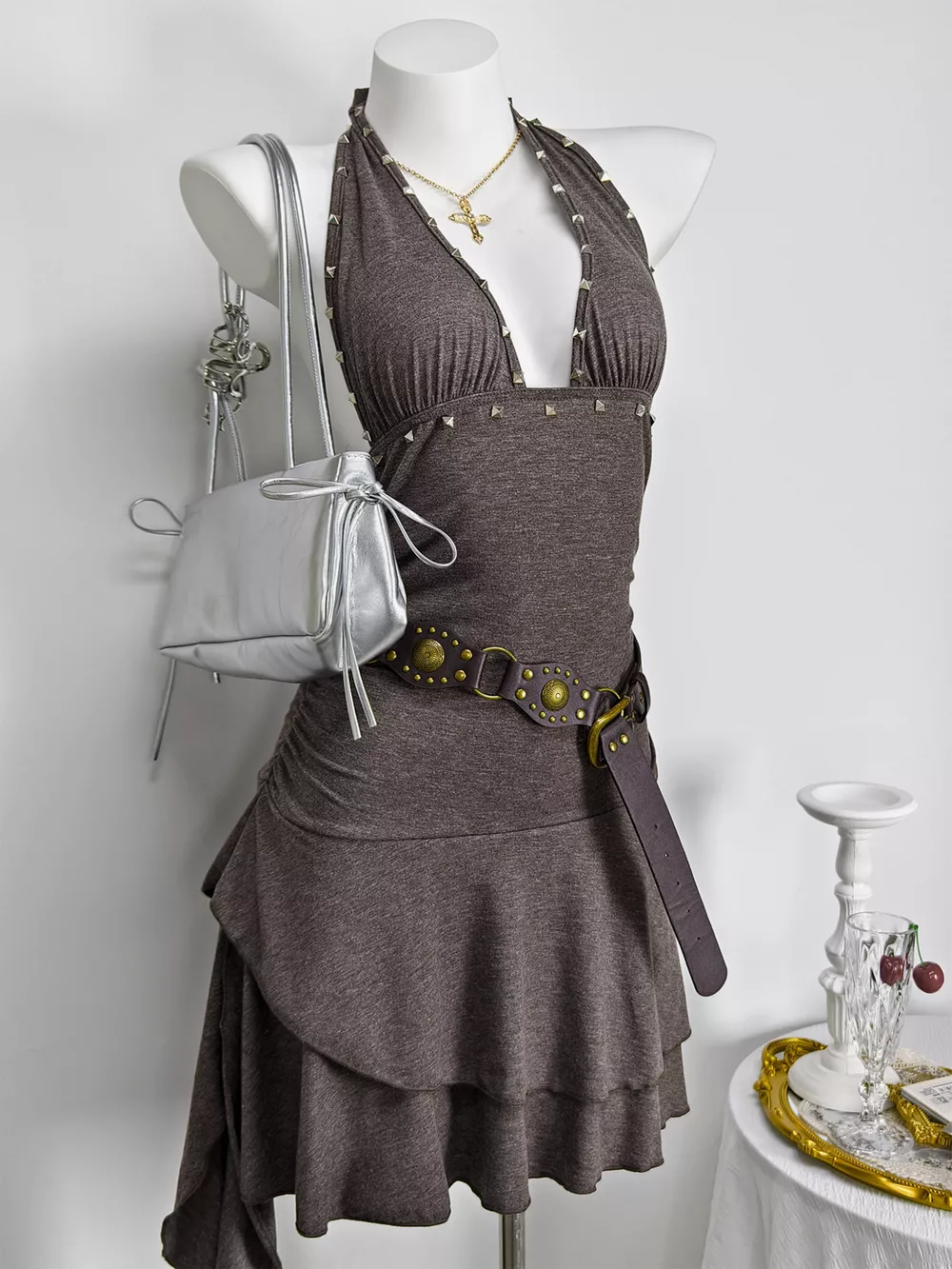 Studded Halter Neck Ruffle Hem Mini Dress, image 2